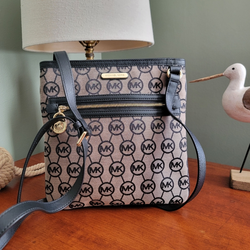 Michael Kors Signature MK Logo Jacquard Black Leather Crossbody Bag Y2K